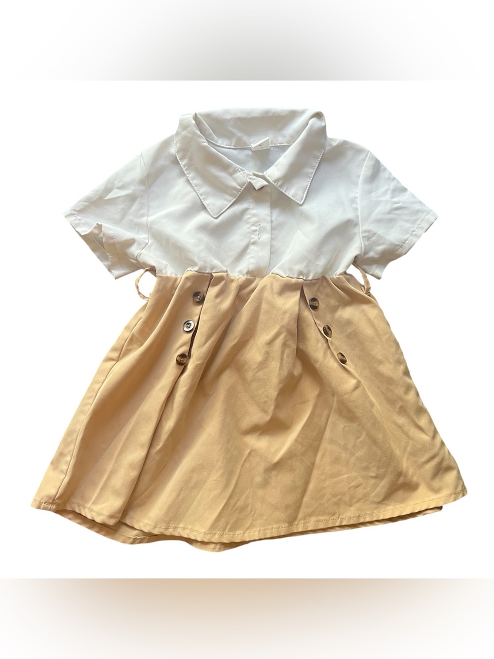 SHEIN White & Tan Two-Tone Kids Casual Dress with Button Accents
